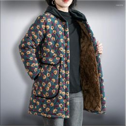 Women's Trench Coats Middle Aged And Elderly Mothers' Winter Jacket Thickened Hooded Cotton Padded Clothes Medium Long Loose Floral Fleece