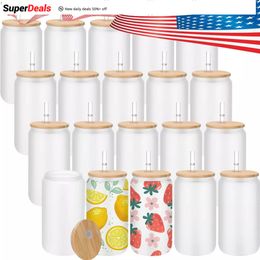 CA USA Warehouse Free Shipping 16 Oz Glass Sublimation with Bamboo Lid Transparent Frosted Coffee Cup G0912