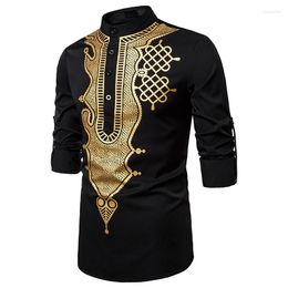 Men's Casual Shirts Men's Long Sleeve Luxury Gold Floral Print Henley Shirt Ethnic Style Stand Collar African Dashiki