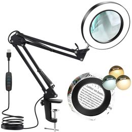 Magnifying Glasses 8x Magnifier Glass Swing Arm Flexible Clamp-on Table Lamp Dimmable Illuminated Magnifier LEDs Desk Light 3 Colour Modes Lamp 230912