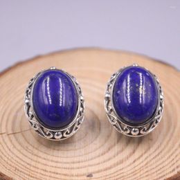 Stud Earrings Real Sterling 925 Silver Big Round Natural Lapis Lazuli Women's Lever Vintage Jewelry Gift