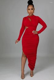 Casual Dresses KEXU Cutout Front Long Sleeve Ruched Up High Side Slit Bodycon Midi Maxi Dress Autumn Winter Sexy Fashion Women Party