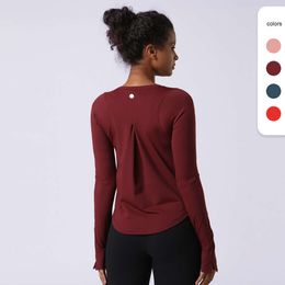 2024 lu lu lemens Long 202Autumn/winter Sleeve Tight Yoga Suit T-shirt Womens Back Half Zip Sports T-shirt Exposed Umbilical Fitness Long Sleeve T