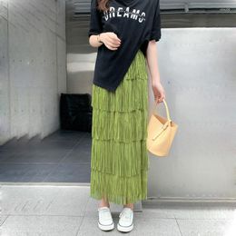 Skirts Green Beige Slim Tassels Cake Skirt Women 2023 Spring Summer Mid Long High Waist Pleated Female Sweet Party Lady