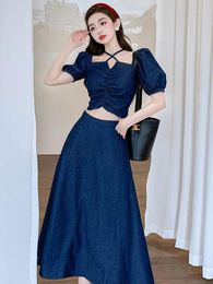 Work Dresses French Women Two Piece Denim Suits 2023 Summer Sexy Dew Off Shoulder Cropped Top High Waist A Line Long Party Skirt Sets