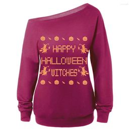 Women's Hoodies Skew Neck Witches Print Halloween Sweatshirt Long Sleeves Oblique Shoulder Women Pullovers Autumn Female Sweatshirts