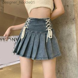 Skirts Skirts DEEPTOWN Denim Pleated Skirt Korean Fashion Women Bandage High Waist A-line Cute Sexy Cargo Jean Mini Summer Y2k Girl L230912