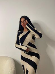 Basic Casual Dresses Elegant Splicing Stripes Knitted Dres Fashion Slim O Neck Long Sleeve 2023 Chic Female Club Party Vestidos 230912