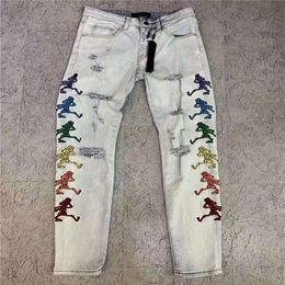 Mens Jeans Men Denim Casual Pleated Embroidery Patchwork Pants Classic Applique Fashion Holes White Motorcycle Biker Slim Skinny W294V