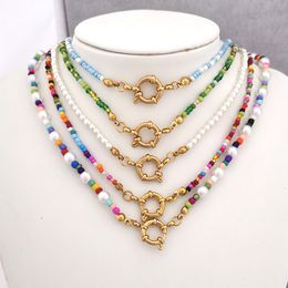 Pendant Necklaces QMHJE Imitation Pearl Necklace Women Choker Seed Beads Rainbow Stainless Steel Clasp Sailor Buckle Base Chain Gold Colour Boho 230912