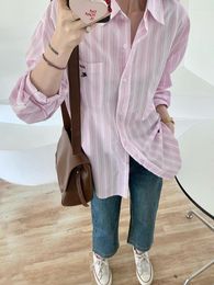 Women's Blouses Full Sleeve Oversize Striped Shirt Woman 2023 Autumn Fashion Loose Cotton Embroidery Casual Blouse Top Pink With Pocket