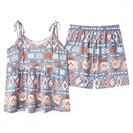 Women's Sleepwear CAIYIER Lovely Bear Print Vintage Pyjamas Set Summer Sleeveless Korean Kawaii Women Underwear Leisure Homewear M-4XL