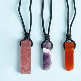 Natural Raw Stone Long Bar Pendant Necklace Irregular Flat Healing Gemstone Amethyst Genuine Crystal Necklaces Jewellery