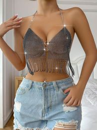 Women's Tanks Women Clubwear Tassel Tank Tops Bra Flash Diamond Grid Sexy Top Rhinestone Camis Mesh Wear Crystal