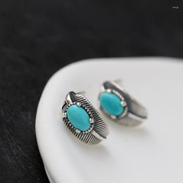 Stud Earrings Authentic 925 Sterling Silver Earring Retro Style Feather Inlaid Natural Turquoise Creativ Fashion Jewelry Gifts