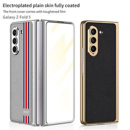 Luxury Lychee Pattern Leather Vogue Phone Case for Samsung Galaxy Z Folding Fold5 5G Durable Full Protective Soft Bumper Stripe Print Plating Membrane Fold Shell