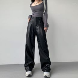 Women's Pants Women High Waist Pu Leather Straight Y2K Stretch Loose Streetwear Full Length Wide Leg Female OL Trousers 3011