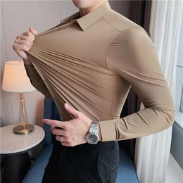Men's Dress Shirts Non-iron Seamless Elastic Silky For Men Long Sleeve Solid Colour Business Professional Overalls Work Shirt
