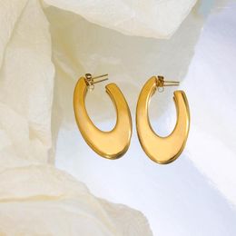 Hoop Earrings Vintage Stainless Steel Gold Plated Flat Oval C-Shape Women's Ear Accessories