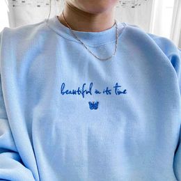 Women's Hoodies Butterfly In Its Time Letters Embroidery Women Pullover Sky Blue Autumn Thick Sweatshirt Crewneck Loose Casual Aesthetic