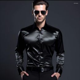 Men's Dress Shirts Shiny Luxury Tuxedo Up Shirt For Men Stylish Prom Wedding Reception Chemise Hombre Smooth Satin Silk Party Dinner