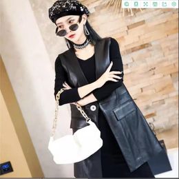 Women's Leather Vest Waistcoat Spring Autumn Mid Length Sheepskin Female Motorcycle Rivet