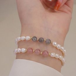 Women Natural Freshwater Pearl Bracelet Strawberry Quartz Crystal Labradorite Beaded Bracelets Fashion jewelry