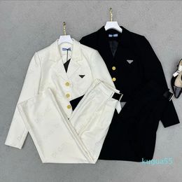 2023-Womens Casual Set 23SS Fashion Triangle Two Piece Suits Decorative Jacket with Long Pants Formal Occasion Suit