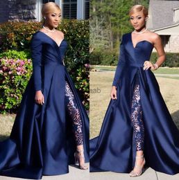 MagnificentDark Navy Two Pieces Evening One Shoulder Long Sleeve Side Split Sequined Prom Gowns Pants Jumpsuits A Line Plus Size Formal Dress HKD230912