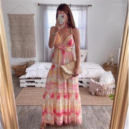 Casual Dresses Summer Pink Printing Beach Long Dress For Women Sexy Backless Sleeveless Holiday Outfits Female Loose Ruched Lace-up