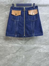 Skirts Leather Denim Skirt Color Contrast Zipper Design Flap Pocket Dark Blue Splicing Orange Matching714