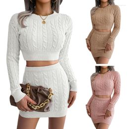 Skirts F42F Autumn Womens Knitting Costume Neck Solid Color Sweater Mini Skirt Set