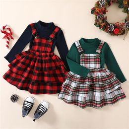 Clothing Sets Christmas Toddler Girls Clothes Sets Fall Winter Baby Kids Children Clothing Suits Warm Solid Sweater Plaid Suspender Dress 230912