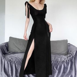 Casual Dresses INS European And American Style 2023 Summer Women's Suspender Sexy Square Neck Low-cut Slim Slit Temperament Dress