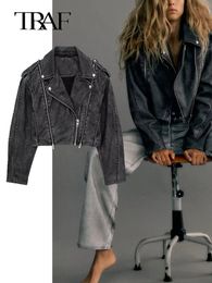 Women's Jackets TRAF 2023 Women Woman Leather Blazer Jacket Fashion zipper Faux Coat Vintage Long Sleeve PU Top Female Chic Outwaear 230912