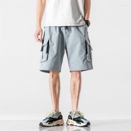 Men's Shorts Summer Cargo Men Casual Knee Length Loose Patch Pocket Cotton Solid Colour Zipper Elastic Rope Waist