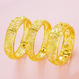 Dragon Phoenix Bangle Bracelet for Women Lady Wedding Party Daily 18K Yellow Gold Filled Dubai Fashion Jewellery Gift 14mm 16mm 20mm2701