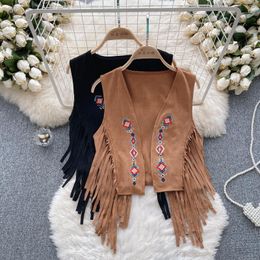 Women's Vests Bohemian Top Women For Geometric Embroidery Tassel V-neck Sleeveless Coats Outwear Chalecos Summer Drop