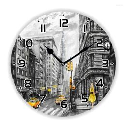 Wall Clocks Modern York Street View Oil Painting Clock Watercolour City Landscape Art Kitchen Bedroom Watch Accessories Decor