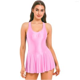 Casual Dresses Women's Sleeveless U Neck Leotard Clothing Female Glossy Tank Dress One-Piece Swimsuit Swimwear Sports Swimming