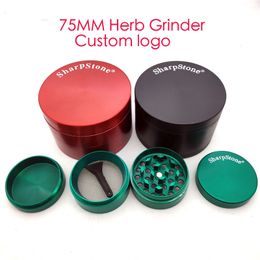 Wholesale Custom Herb Grinder Metal Alloy Smoking Flat Grinders Tobacco Sharp 4 Layers 75mm Big Size Smoking Accessories accept oem/odm your own logo