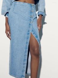 Skirts Long Denim Skirt Vintage Women Solid High Waist Slim Korean Style Jean Slit Midi Summer Fashion Girl