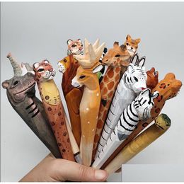Gel Pens Wholesale Carved Wood Pen Wild Ocean Animals Stationery Hand Painted Creative Vintage Wooden Writpen School Office Supply C Dhhfk