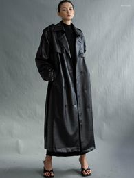 Women's Leather Autumn Extra Long Oversized Black Faux Trench Coat For Women Sleeve Belt Double Breasted Loose Fashion 2023