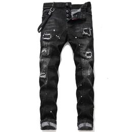 Men's Pants Mens Jeans jean Hip hop pants street trend Zipper chain decoration ripped Stretch Black Fashion Slim Fit Washed M275c