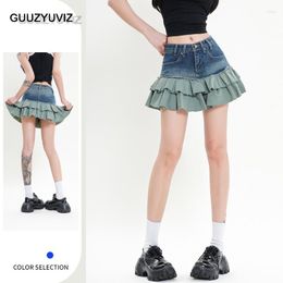 Skirts GUUZYUVIZ Mini Pleated Denim Skirt Women High Waist Stitching A-line Summer Fashionable And Feminine