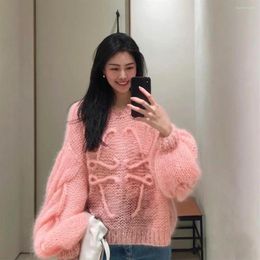 Women's Sweaters Korean Fashion Lantern Sleeve Soft Mohair O Neck Sweater Women Autumn And Spring Pullover Long Knit Top284q