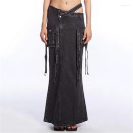 Skirts Summer Dress Woman 2023 Trendy Vintage Washed Half Length Skirt Korean Fashion Cotton Denim Low Waist High Split Fishtail
