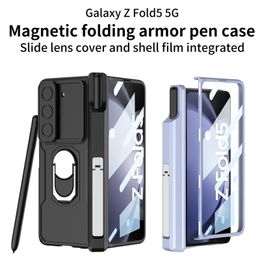 Luxury Ring Holder Armour Vogue Phone Case for Samsung Galaxy Z Folding Fold5 5G Push Window Magnetic Hinge Membrane Hybrid Rugged Kickstand Fold Shell with Pen Slot