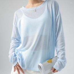 Women's T Shirts Solid Color Thin Summer Round Neck Long Sleeve Loose Tops Tees Fashion Casual Women Clothing